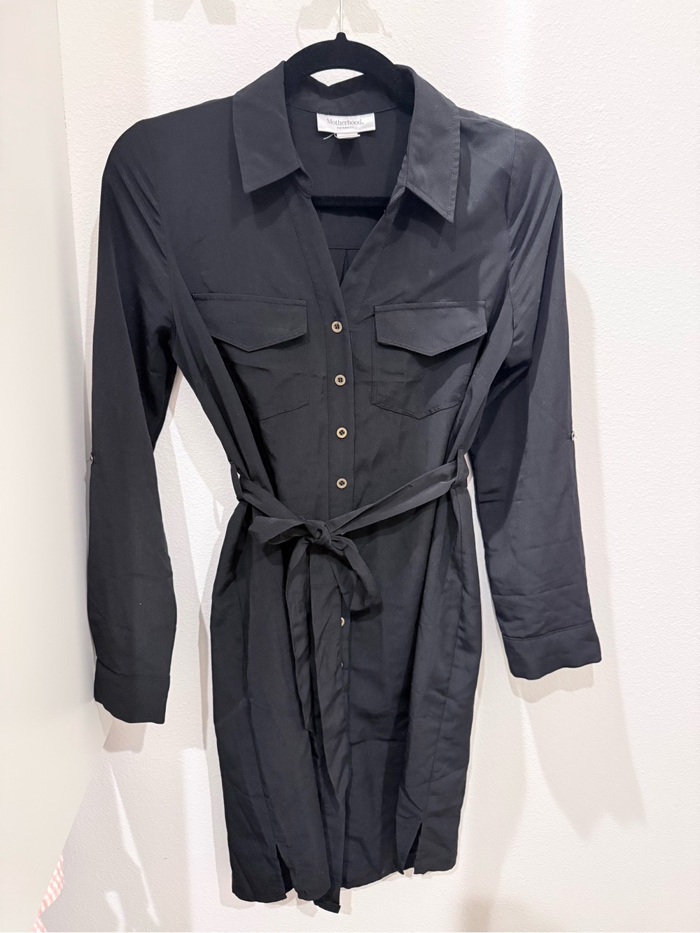 Motherhood Maternity Black Shirt Dress with Waist Tie